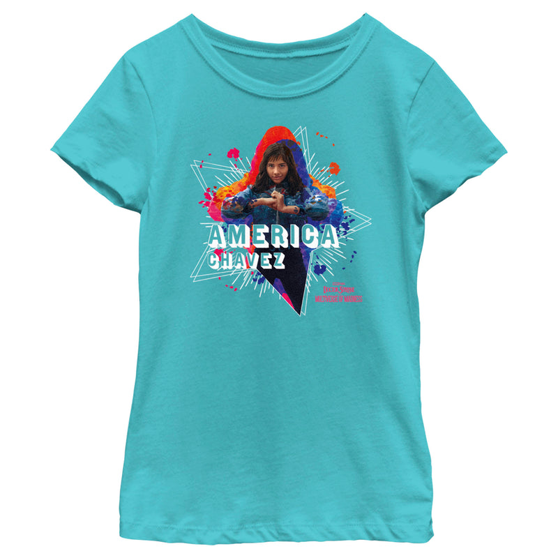 Girl's Marvel Doctor Strange in the Multiverse of Madness America Chavez Paint Splatter T-Shirt