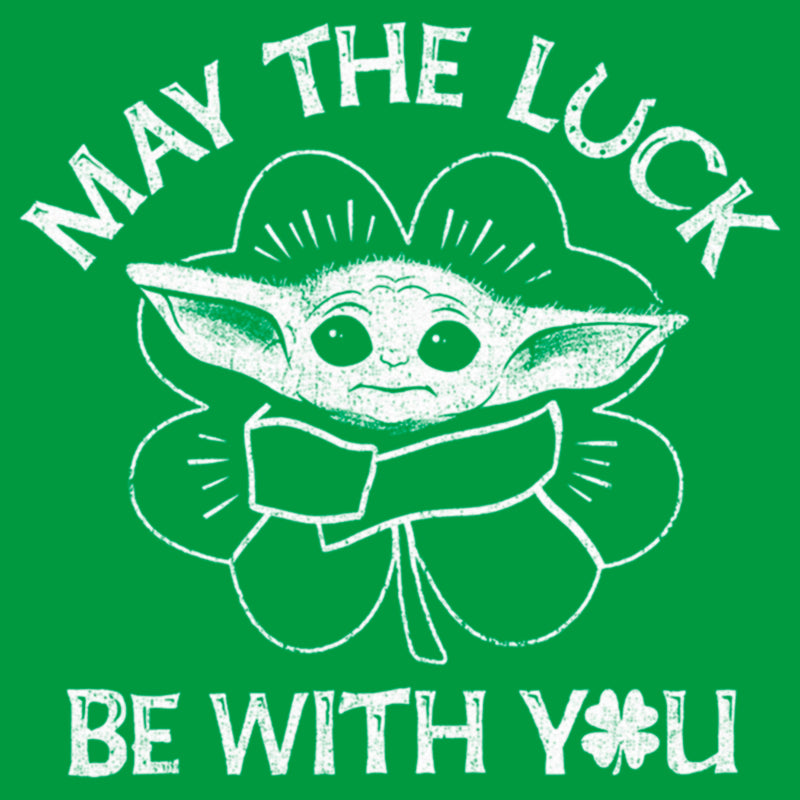 Junior's Star Wars: The Mandalorian St. Patrick's Day Grogu May the Luck be with You Distressed T-Shirt