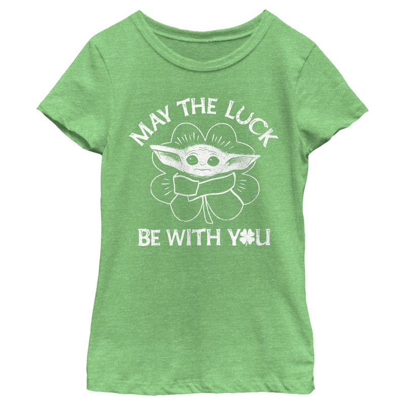 Girl's Star Wars: The Mandalorian St. Patrick's Day Grogu May the Luck be with You Distressed T-Shirt