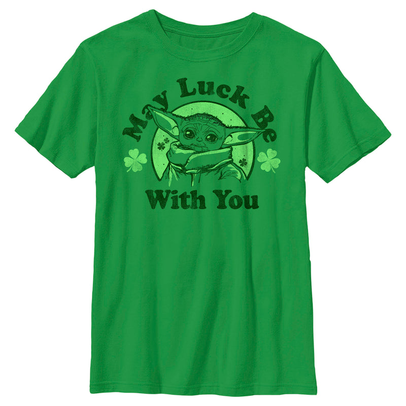 Boy's Star Wars: The Mandalorian St. Patrick's Day Grogu May Luck be with You Distressed T-Shirt