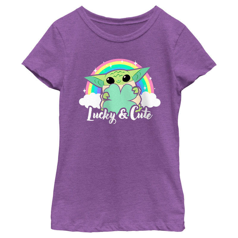 Girl's Star Wars: The Mandalorian Grogu St. Patrick's Day Rainbow Lucky and Cute T-Shirt