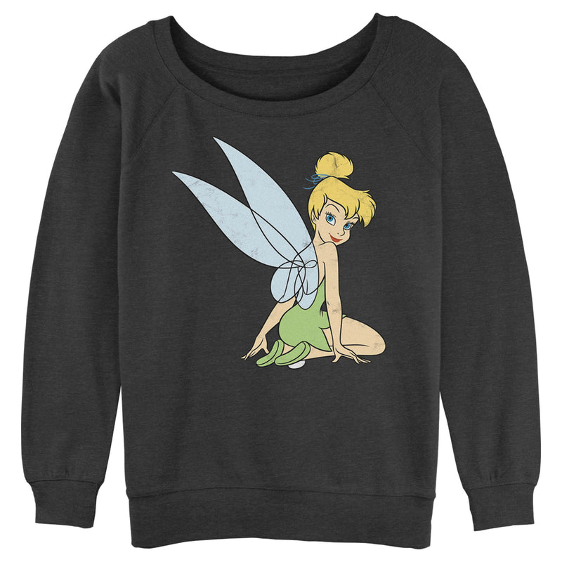 Junior's Peter Pan Tinker Bell Distressed Wings Portrait Sweatshirt