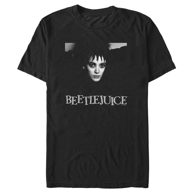 Men's Beetlejuice Black and White Lydia Portrait T-Shirt