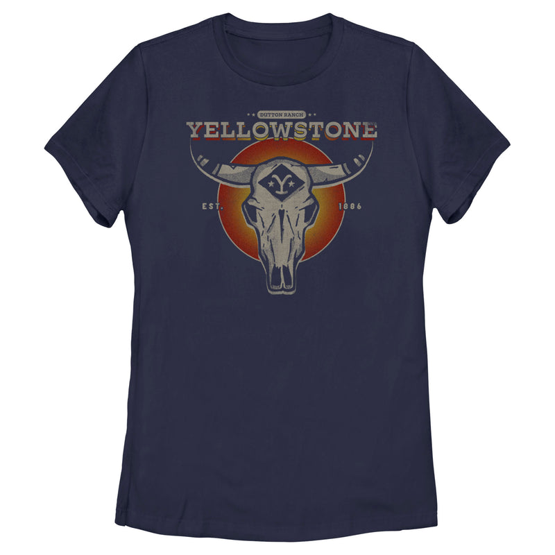 Women's Yellowstone Sunset Dutton Ranch Cow Skull T-Shirt