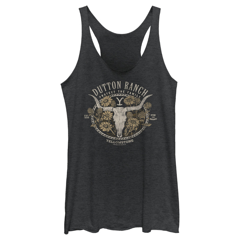 Women's Yellowstone Cow Skull and Flowers Protect The Family Racerback Tank Top