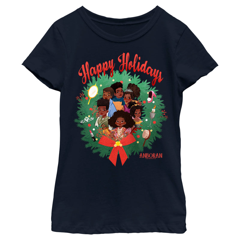 Girl's Anboran Happy Holidays Group Wreath T-Shirt