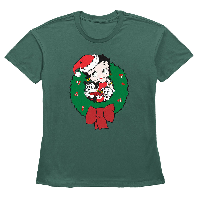 Women's Betty Boop Christmas Characters Wreath T-Shirt