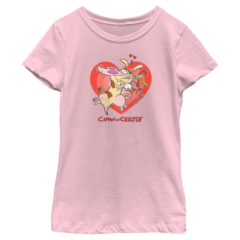 Girl's Cow and Chicken Valentine's Day Heart Hug T-Shirt