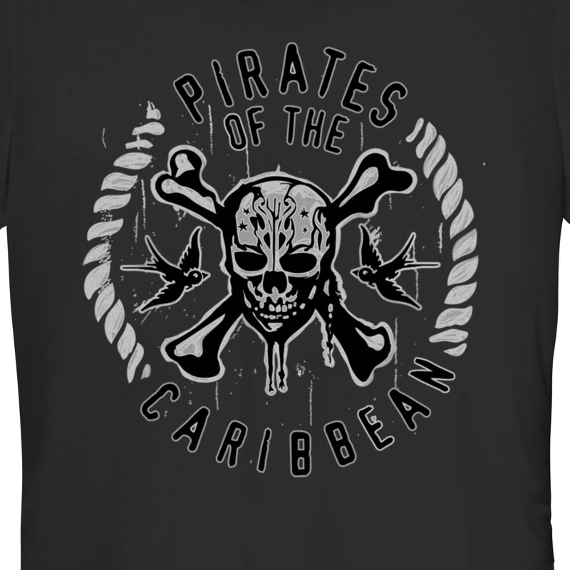 Junior's Pirates of the Caribbean: Curse of the Black Pearl Black and White Rope Skull Logo T-Shirt