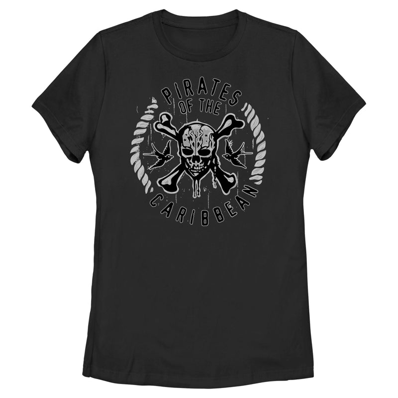 Women's Pirates of the Caribbean: Curse of the Black Pearl Black and White Rope Skull Logo T-Shirt