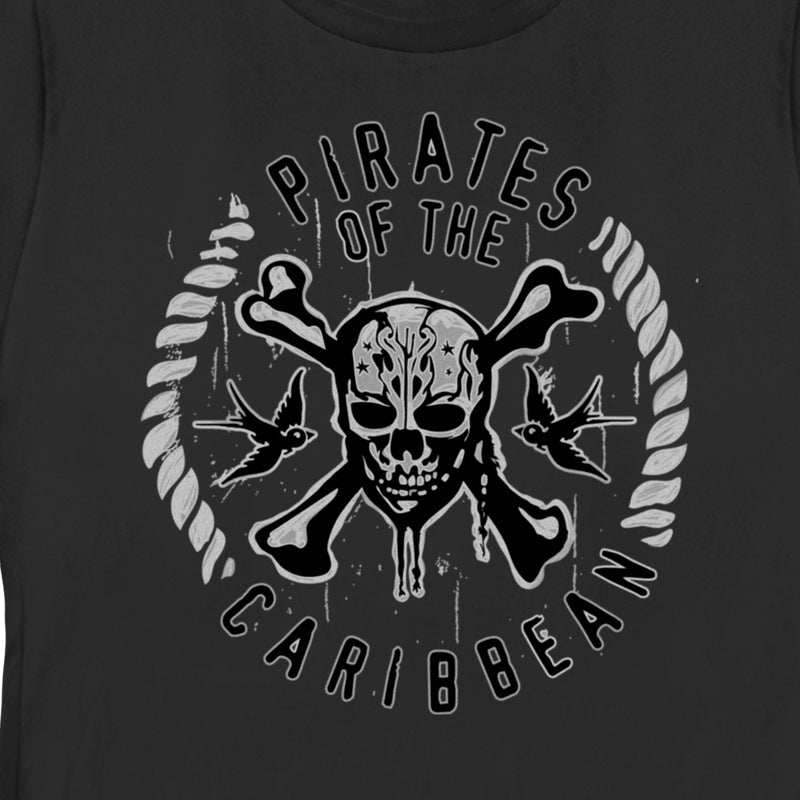 Women's Pirates of the Caribbean: Curse of the Black Pearl Black and White Rope Skull Logo T-Shirt