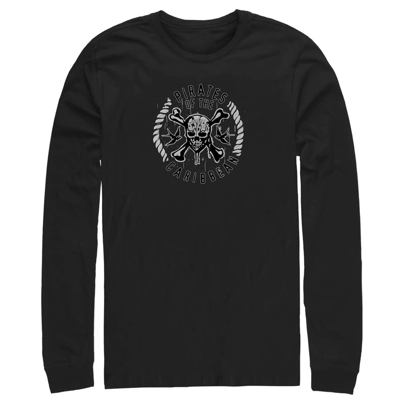 Men's Pirates of the Caribbean: Curse of the Black Pearl Black and White Rope Skull Logo Long Sleeve Shirt