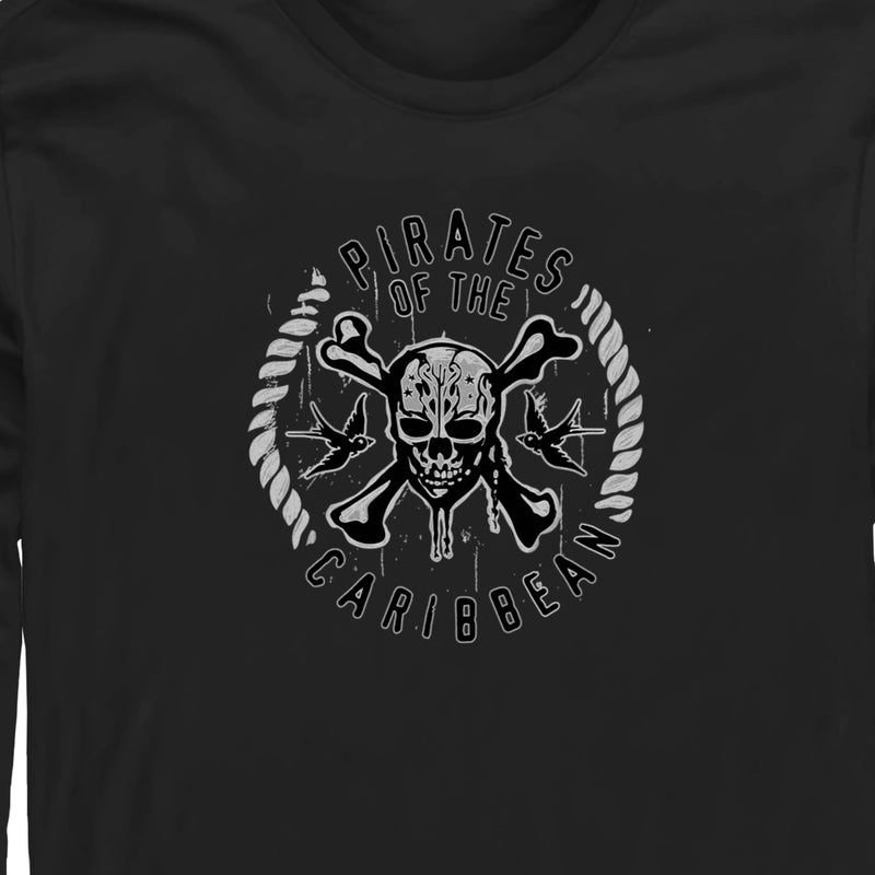 Men's Pirates of the Caribbean: Curse of the Black Pearl Black and White Rope Skull Logo Long Sleeve Shirt