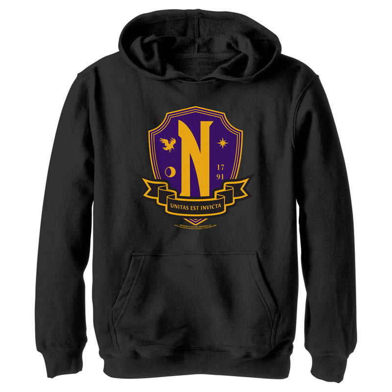 Boy's Wednesday Nevermore Academy Crest Pull Over Hoodie