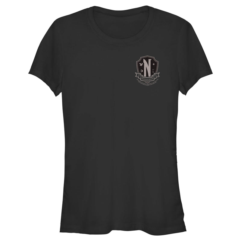 Junior's Wednesday Small Nevermore Crest Black and White T-Shirt