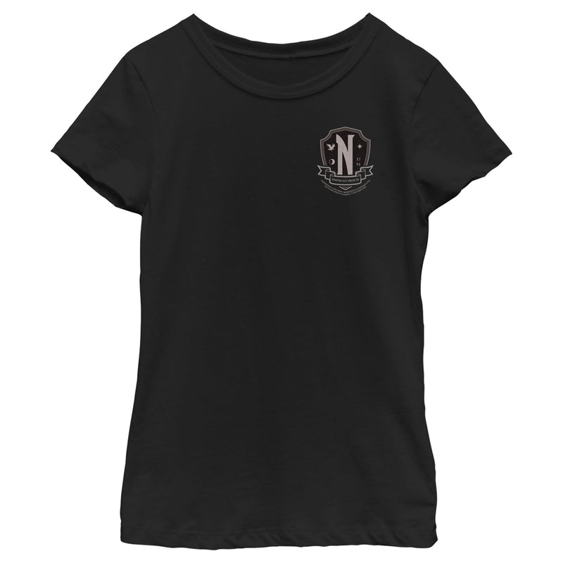 Girl's Wednesday Small Nevermore Crest Black and White T-Shirt