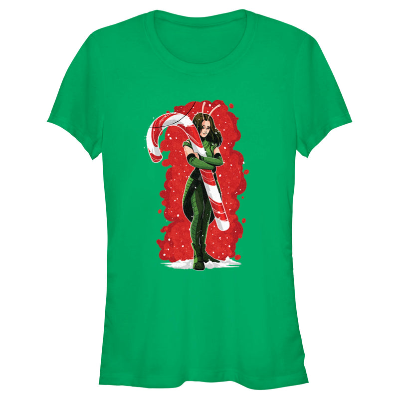 Junior's Guardians of the Galaxy Holiday Special Mantis Candy Cane Hug T-Shirt