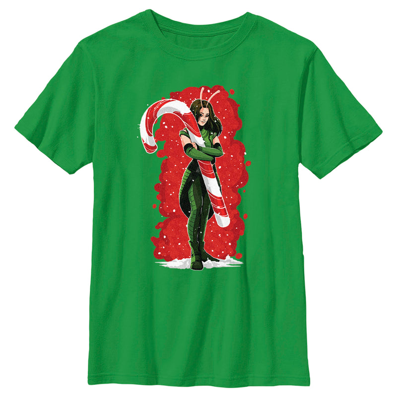 Boy's Guardians of the Galaxy Holiday Special Mantis Candy Cane Hug T-Shirt