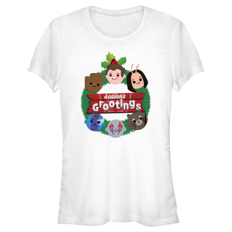 Junior's Guardians of the Galaxy Holiday Special Season's Grootings Cute Characters T-Shirt