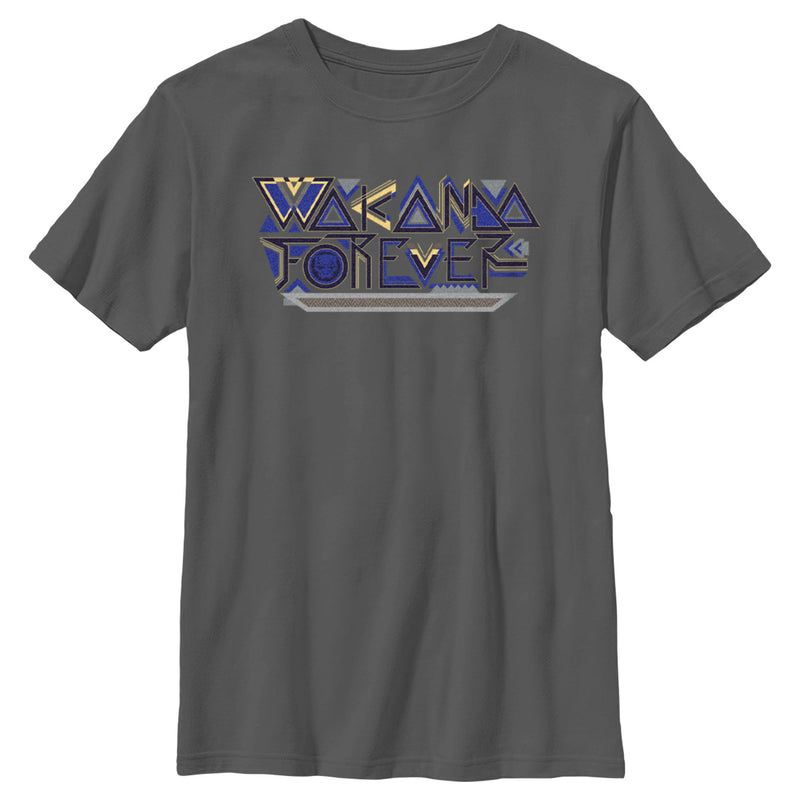 Boy's Black Panther: Wakanda Forever Yellow and Blue Pattern Logo T-Shirt