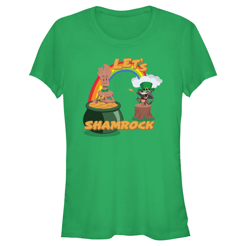Junior's Marvel Cartoon Rocket and Groot Let's Shamrock T-Shirt