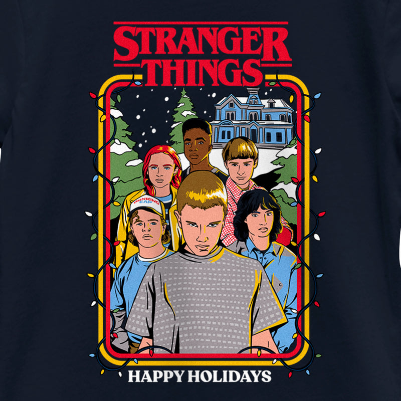 Girl's Stranger Things Retro Happy Holidays Card T-Shirt