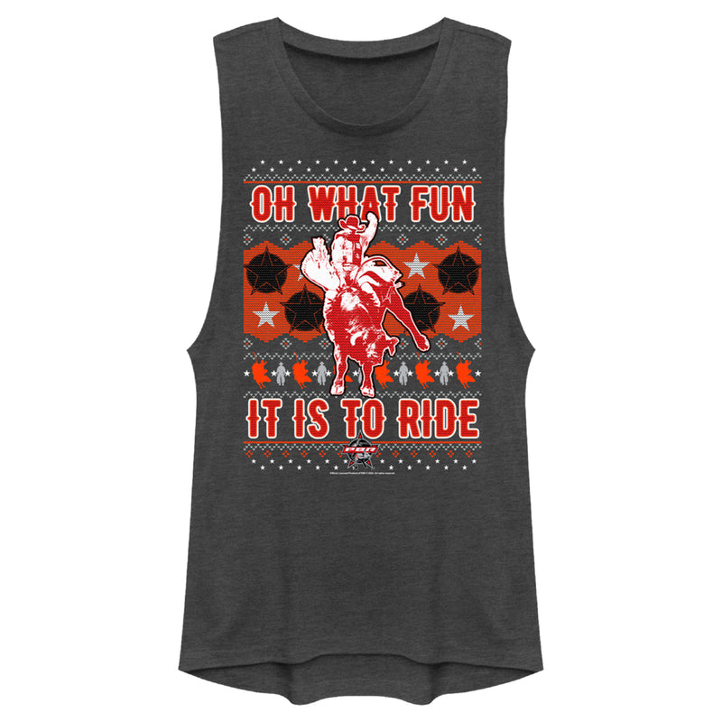 Junior's Professional Bull Riders Oh What Fun it is to Ride Sweater Print Festival Muscle Tee