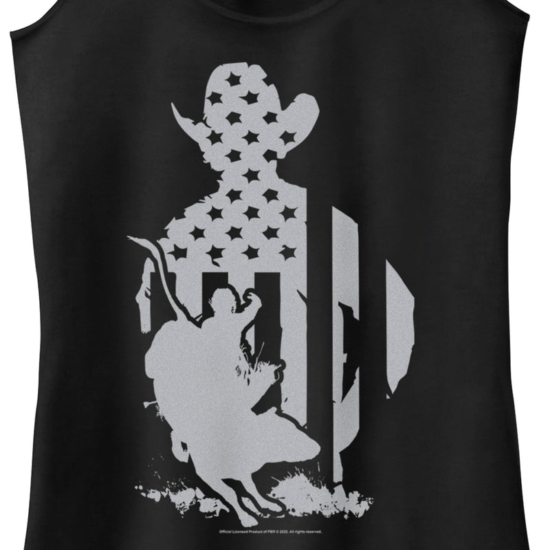 Junior's Professional Bull Riders Gray Patriotic Silhouette Racerback Tank Top