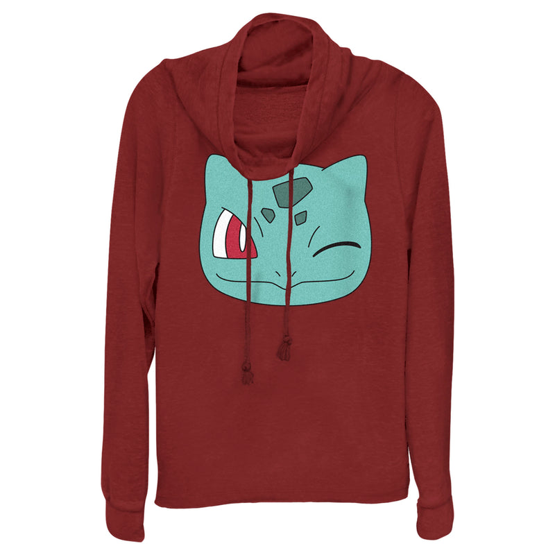 Junior's Pokemon Bulbasaur Wink Face Cowl Neck Sweatshirt