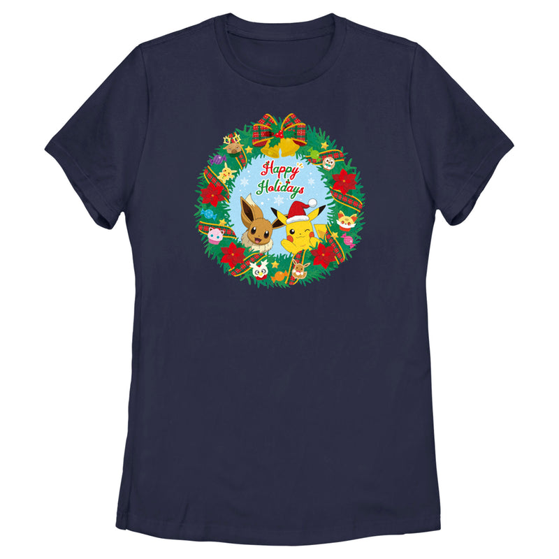 Women's Pokemon Pikachu and Eevee Happy Holidays T-Shirt