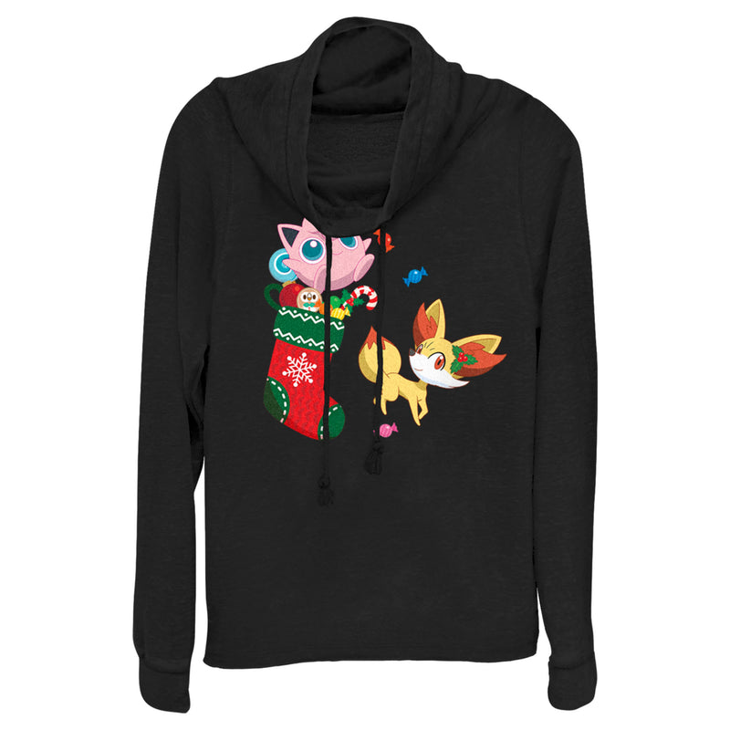 Junior's Pokemon Christmas Jigglypuff and Fennekin Stocking Cowl Neck Sweatshirt