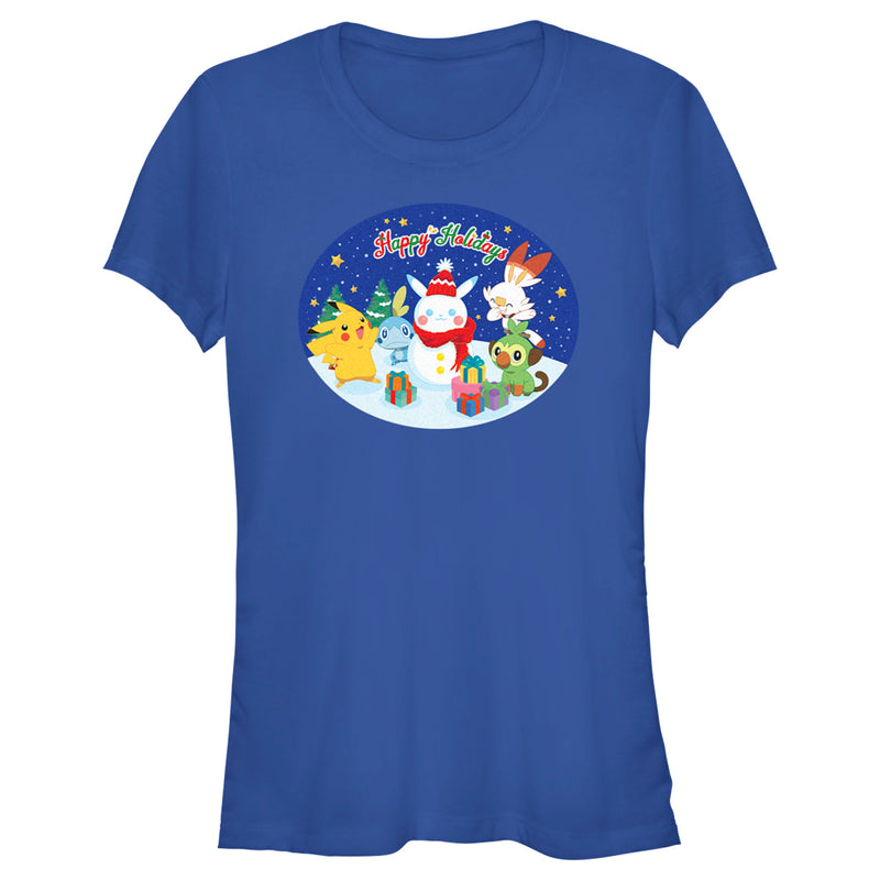 Junior's Pokemon Happy Holidays Snowman Pikachu T-Shirt