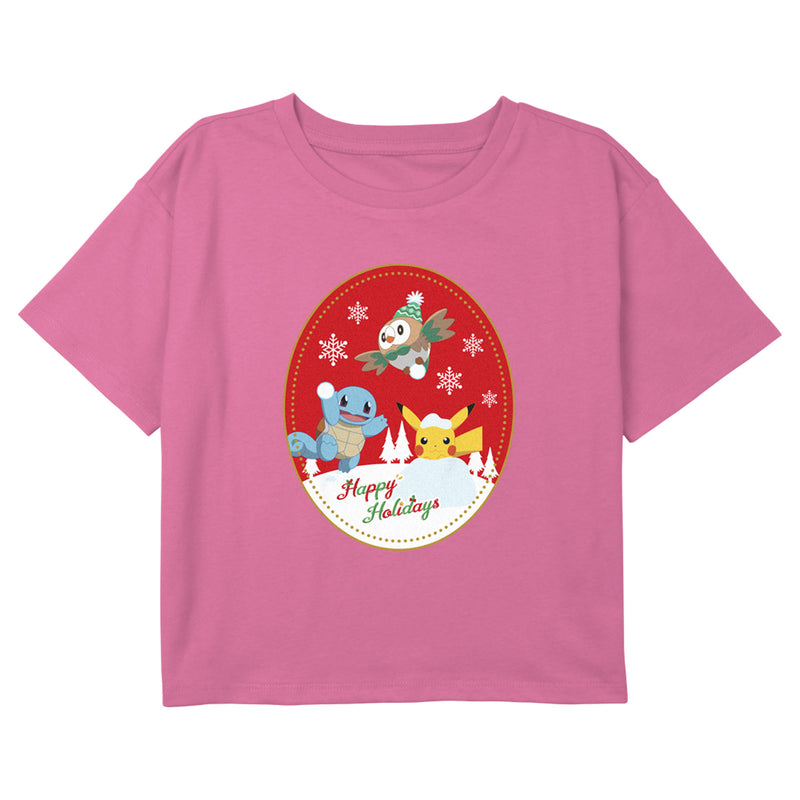 Girl's Pokemon Christmas Happy Holidays Friends Patch T-Shirt