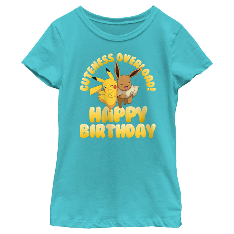 Girl's Pokemon Pikachu and Eevee Cuteness Overload Happy Birthday T-Shirt