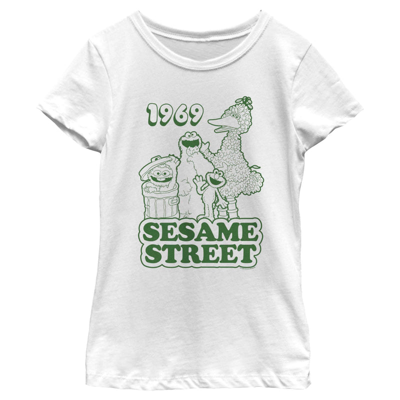 Girl's Sesame Street Group Green Outline 1969 T-Shirt