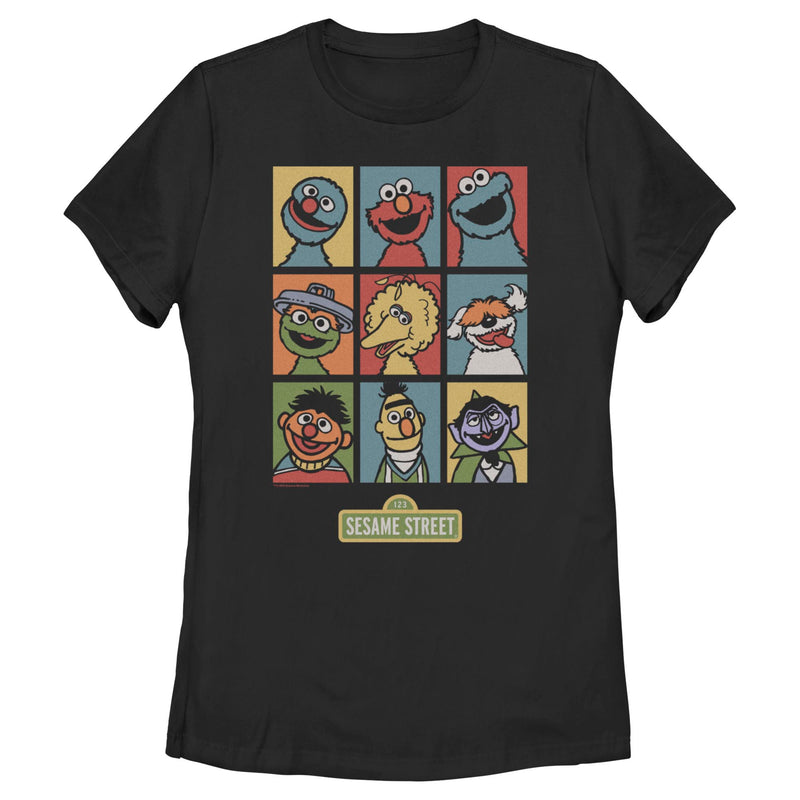 Women's Sesame Street 9 Panel Puppet Grid T-Shirt