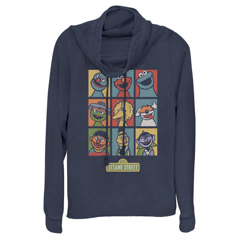 Junior's Sesame Street 9 Panel Puppet Grid Cowl Neck Sweatshirt