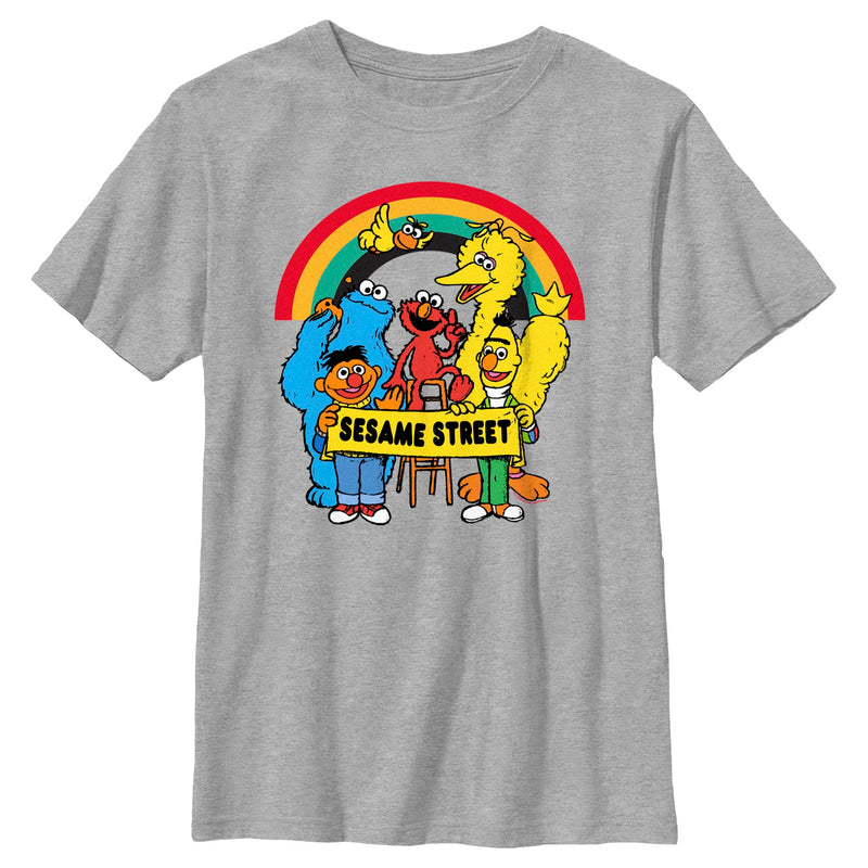 Boy's Sesame Street Crew Rainbow Banner Portrait T-Shirt