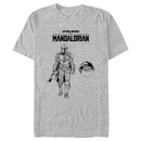 Men's Star Wars: The Mandalorian Grogu and Din Djarin Black and White Sketch T-Shirt