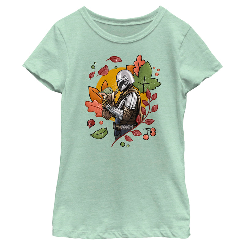 Girl's Star Wars: The Mandalorian Grogu and Din Djarin Fall Leaves Love T-Shirt