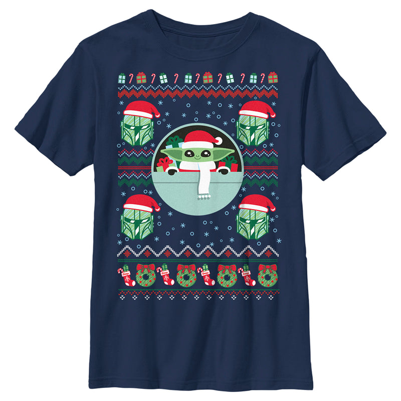 Boy's Star Wars: The Mandalorian Christmas Grogu and Din Djarin Santa Hats T-Shirt