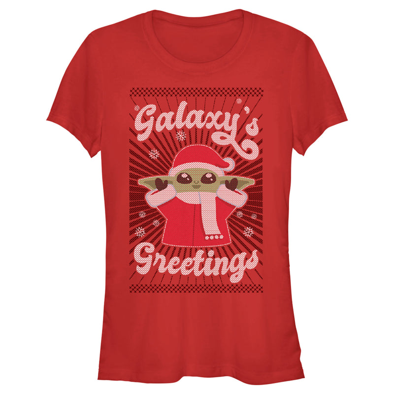 Junior's Star Wars: The Mandalorian Christmas Grogu Galaxy's Greetings Cute T-Shirt