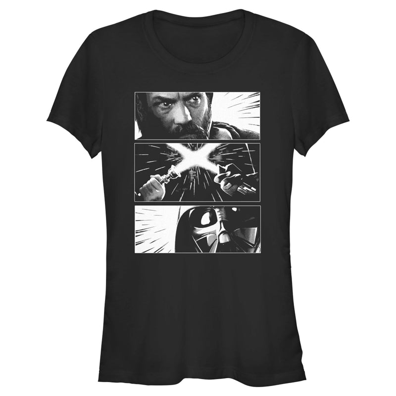 Junior's Star Wars: Obi-Wan Kenobi Darth Vader vs Kenobi Grayscale Battle Panels T-Shirt