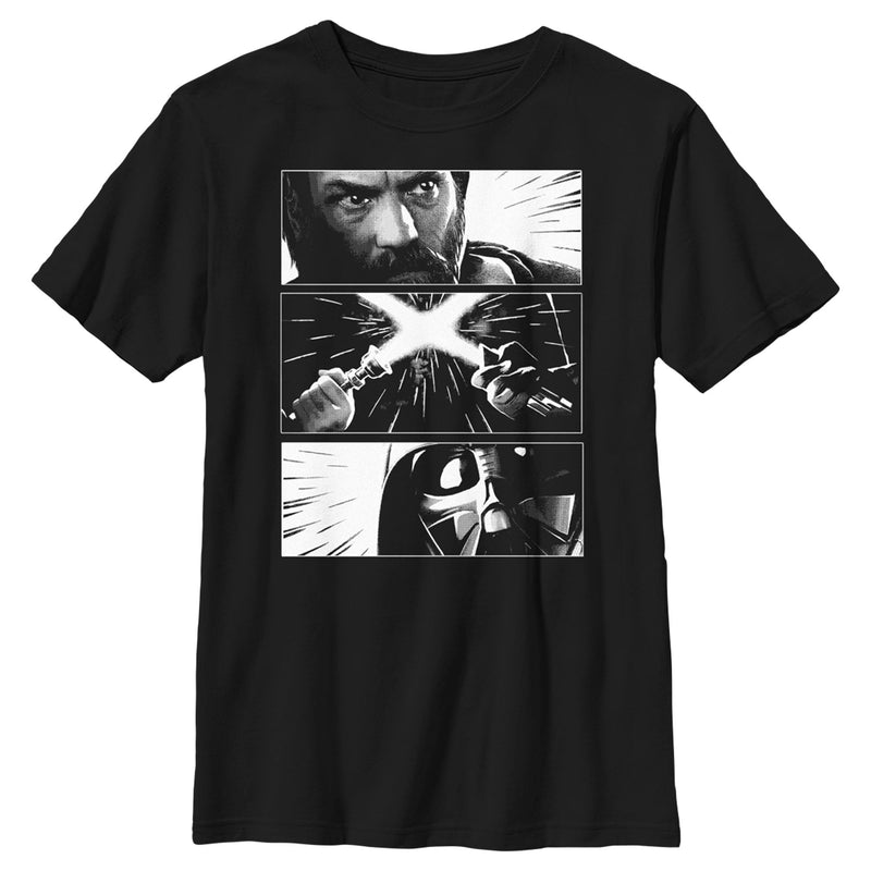 Boy's Star Wars: Obi-Wan Kenobi Darth Vader vs Kenobi Grayscale Battle Panels T-Shirt