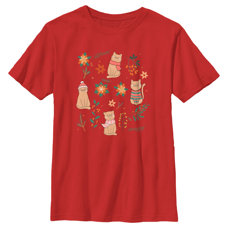 Boy's Lost Gods Christmas Floral Cats T-Shirt