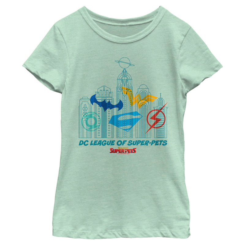 Girl's DC League of Super-Pets Metropolis Skyline Outline T-Shirt