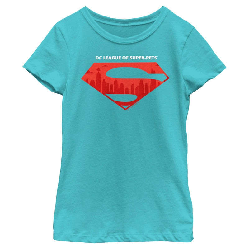 Girl's DC League of Super-Pets Skyline Superman Crest T-Shirt