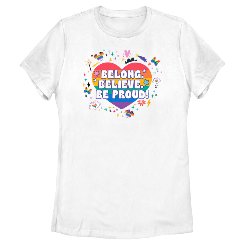 Women's Mickey & Friends LGBTQIA+ Pride Belong Believe Be Proud T-Shirt