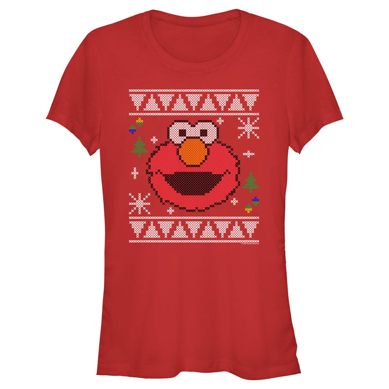 Junior's Sesame Street Elmo Face Ugly Christmas Sweater Print T-Shirt