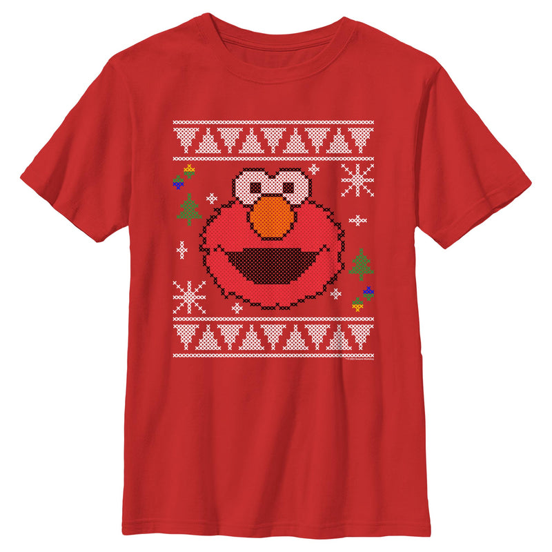 Boy's Sesame Street Elmo Face Ugly Christmas Sweater Print T-Shirt